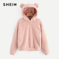 SHEIN Pink Preppy Lovely With Bears Ears Solid Teddy Hoodie Pullovers Sweatshirt Autumn Women Campus Casual Sweatshirts