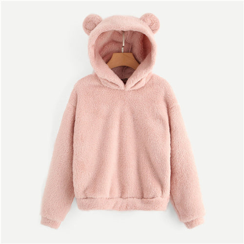 SHEIN Pink Preppy Lovely With Bears Ears Solid Teddy Hoodie Pullovers Sweatshirt Autumn Women Campus Casual Sweatshirts