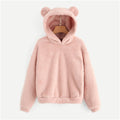SHEIN Pink Preppy Lovely With Bears Ears Solid Teddy Hoodie Pullovers Sweatshirt Autumn Women Campus Casual Sweatshirts